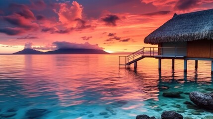 Stunning colorful sunset sky with clouds on the horizon of the South Pacific Ocean, Summer vacation trips,Vacation concept, Luxury travel.