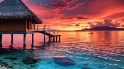 Obraz premium Stunning colorful sunset sky with clouds on the horizon of the South Pacific Ocean, Summer vacation trips,Vacation concept, Luxury travel.