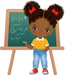 Cute School Afro Girl Standing near Blackboard. Vector Back to School