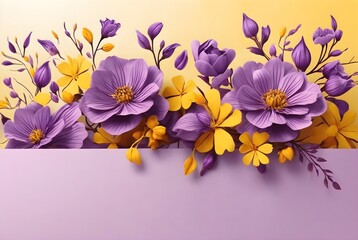 Beautiful card design, purple yellow banner with flowers, floral pattern background, ai generative content 