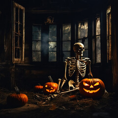 Spooky Halloween interior of abandoned house with skeleton and pumpkins