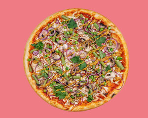 pizza with asparagus, spinach, red onion and french mustard on a red background, studio shot