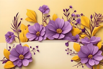 Beautiful card design, purple yellow banner with flowers, floral pattern background, ai generative content 