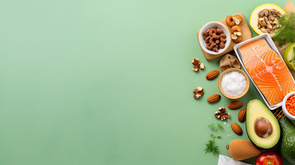 Top view of healthy food over a green background