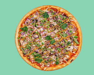 pizza with asparagus, spinach, red onion and french mustard on a green background, studio shot 1