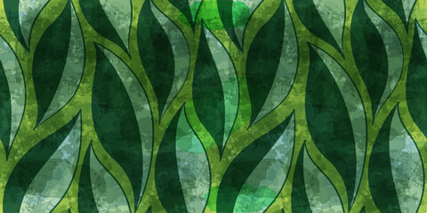 Naklejka na ściany i meble Green leaves seamless vector pattern. Watercolor tea leaf background, textured jungle print