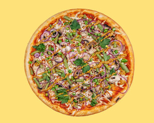 pizza with green beans, spinach, red onion and french mustard on yellow background, studio shot 1