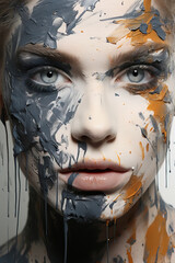 Portrait in studio of a Caucasian woman with artistic makeup or colored paint on her face