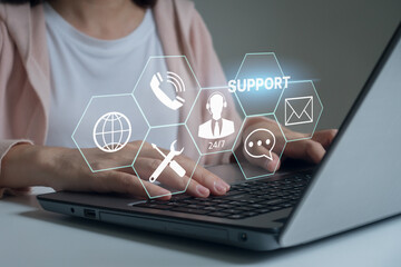 Technical Support Customer Service Business Technology Internet Concept. Businessman using laptop with helpdesk icon on screen, Hotline assistance service available by phone, chat, email. - obrazy, fototapety, plakaty