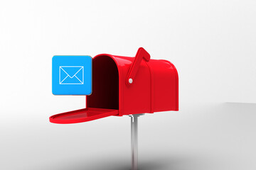 Digital png illustration of red mailbox with envelope icon on transparent background