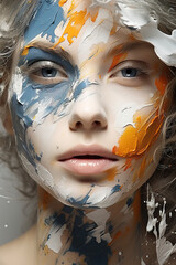 Portrait in studio of a Caucasian woman with artistic makeup or colored paint on her face