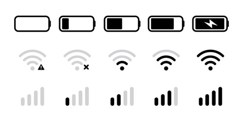 WiFi and Battery icon set. Charge and connection level. Mobile phone ui elements. Vector outline flat illustration