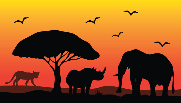Silhouette of animals and trees in a savanna during the evening, against an African background.