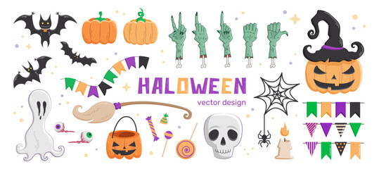 Halloween design elements set, sticker set with Halloween symbols, pumpkins, candies, zombie hands, ghost and bats isolated on a white background.