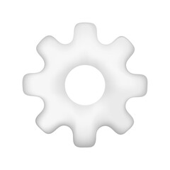 Realistic 3d white glossy settings icon. Cartoon 3d cogwheel gear, optimizing business concept, repair symbol, technical service or support icon. Vector illustration isolated on white background