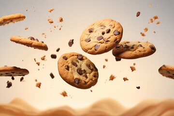 Advertisement studio banner with american chocolate chip cookies flying in the air on pastel gradient background. Food ingredient levitation