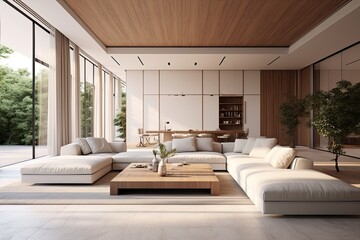 Fototapeta premium mockup of spacious and luxurious modern living room with bright interiors and air conditioning.