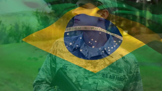 Animation of flag of brazil over caucasian soldier