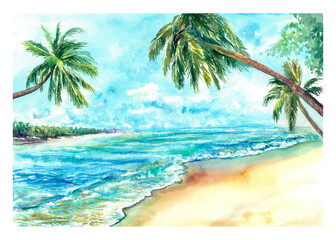 Blue sea, sandy beach and palm trees. Watercolor illustration of a seascape. Background design element for greeting cards, invitations, covers.