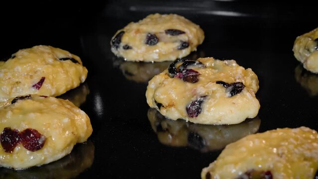 Process of cooking many homemade yellow crunchy oatmeal raisin cookies on metal sheet in oven - timelapse, close up view. Time lapse, dessert, baking, gastronomy, cookery and food concept