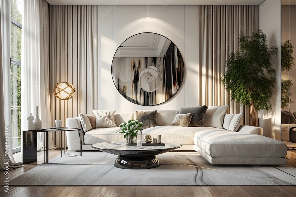 Sticker mirror and sofa in stylish living room