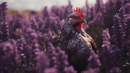 Chicken in lavender field background.