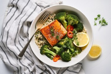 a quinoa bowl with steamed broccoli and grilled salmon with sesame seeds and green onions as topping on kitchen napkin, off-white light background, top view