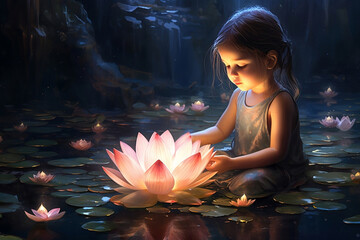 Beautiful toddler girl playing with lotus flower. Inner child meditation concept - obrazy, fototapety, plakaty