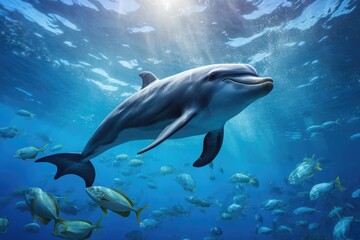 Obraz na płótnie Canvas Dolphin swim in the blue sea in a picturesque place