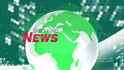 Animation of breaking news text, data processing over globe and green background - Powered by Adobe