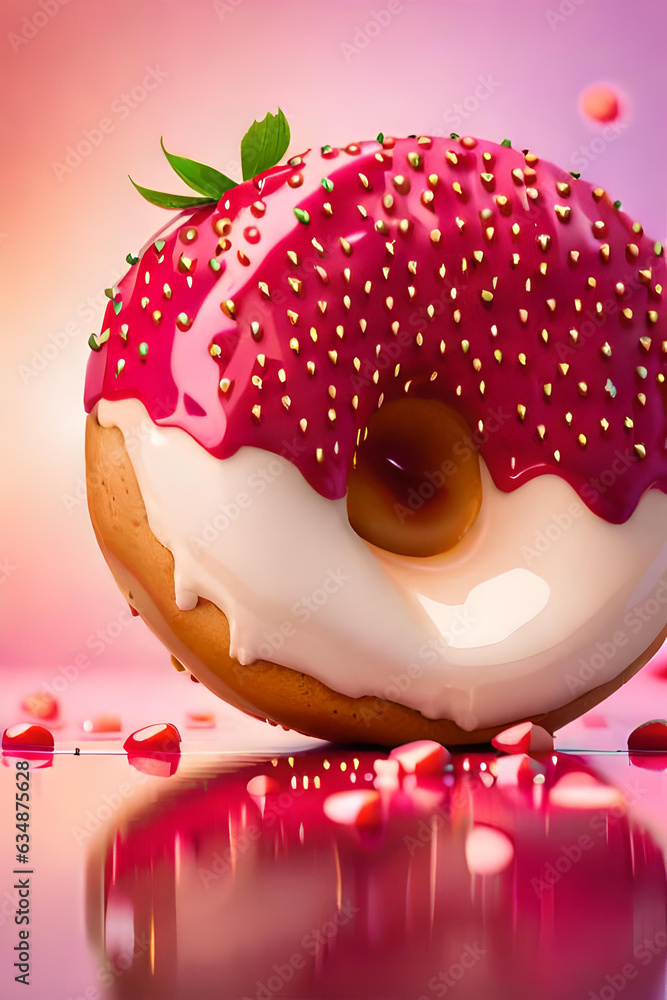 Wall mural donuts decorated icing and sprinkles on pink background. sweet glazed fat pastry on pastel backdrop.