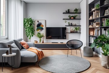 Modern interior with white walls, parquet flooring, furniture including a gray sofa with cushions, a black round table, green potted plants, a TV, a stand, bookshelves, and a locker.