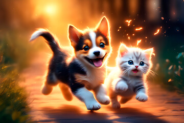 Happy kitten and puppy in motion runs, magical backlight, glowing background