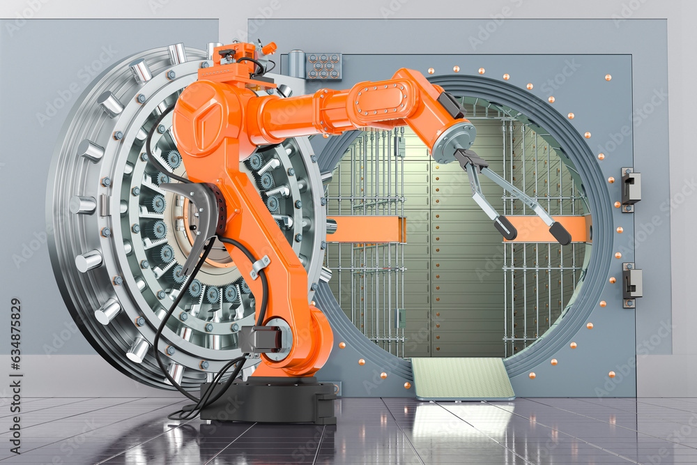 Poster robotic arm with opened bank vault, 3d rendering