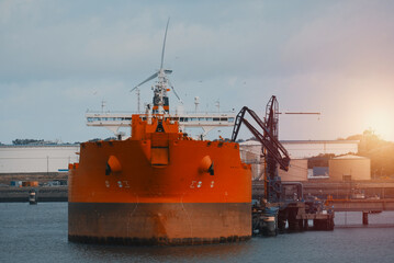 DP2 shuttle tanker. Shuttle tanker during oil transfer operations in the port. Crude oil tanker. International Trade Shipping. Bow loading system. oil transport from an off-shore oil field. © I am from Mykolayiv