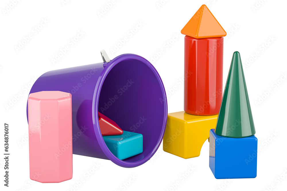 Aufkleber blocks building and plastic bucket, 3d rendering isolated on transparent background
