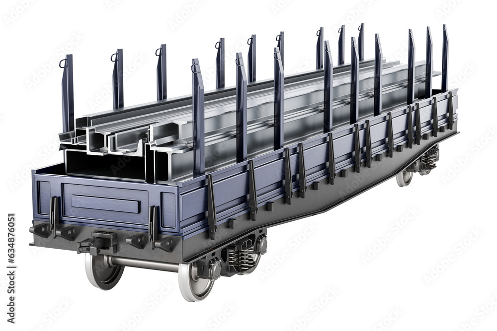 Poster freight wagon with stack of rolled metal products, 3d rendering isolated on transparent background