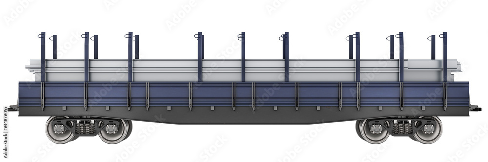Poster freight wagon with stack of rolled metal products, side view. 3d rendering isolated on transparent b