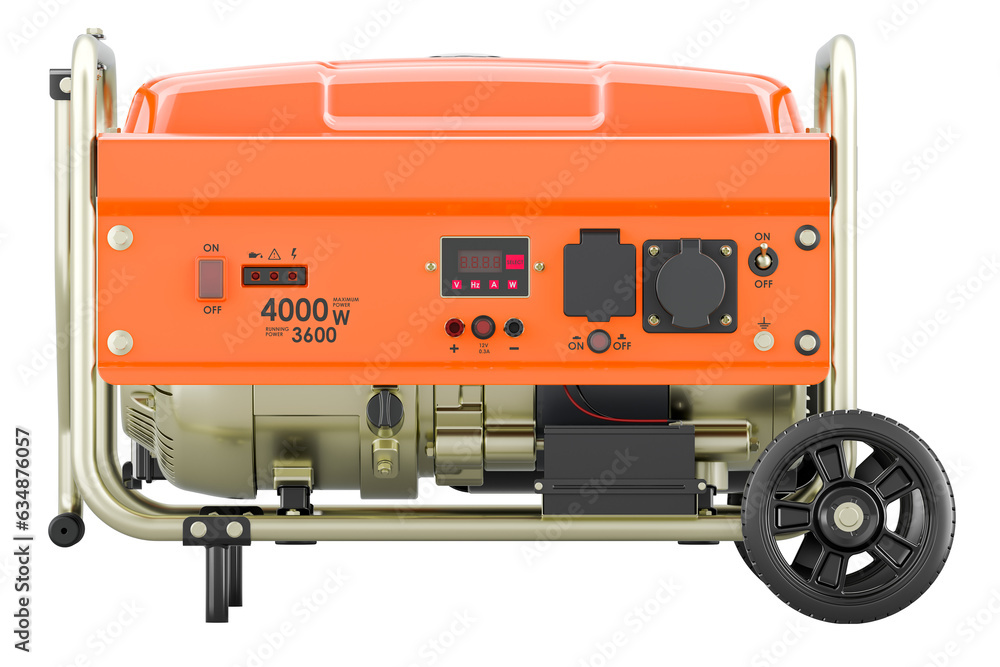 Poster gasoline generator with frame and wheels, side view. 3d rendering isolated on transparent background