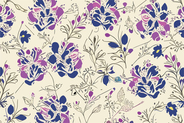 Fototapeta na wymiar Floral vector seamless abstract pattern with flower buds on a white background. Drawing for women's clothing, fabric, textile, paper, notepad, card.