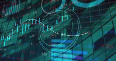 Animation of 6g text on round scanner, statistical, stock market data processing over tall building - Powered by Adobe