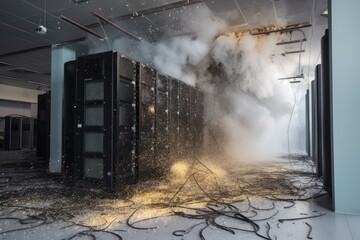 Flames and smoke billowing from burning server racks