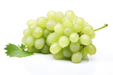 Vineyards, grape harvest food fruits background - Closeup of green white wet ripe grapes bunch with water drops, isolated on white background | Generative AI