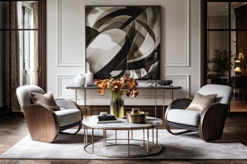 Modern interior with a focus on coffee table decor and a classic armchair in an art deco style living room.