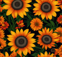 Beautiful seamless pattern with sunflowers on black background. Generative AI
