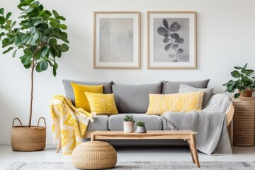 Modern boho living room decor with gray sofa, yellow pillows, plants, paintings, rattan basket, and personal accessories.