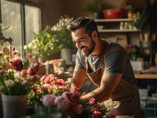 Male florist collects a bouquet in flower shop