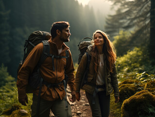 Fototapeta premium A couple of tourists man and woman with backpacks on a hike in the forest
