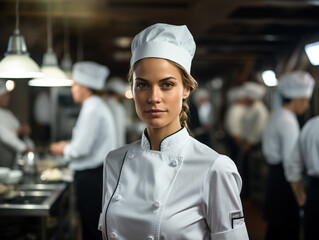 Woman chef in white uniform in restaurant kitchen