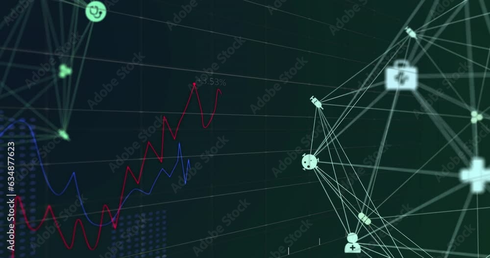Aufkleber animation of globes of medical icons spinning over statistical data processing on green background